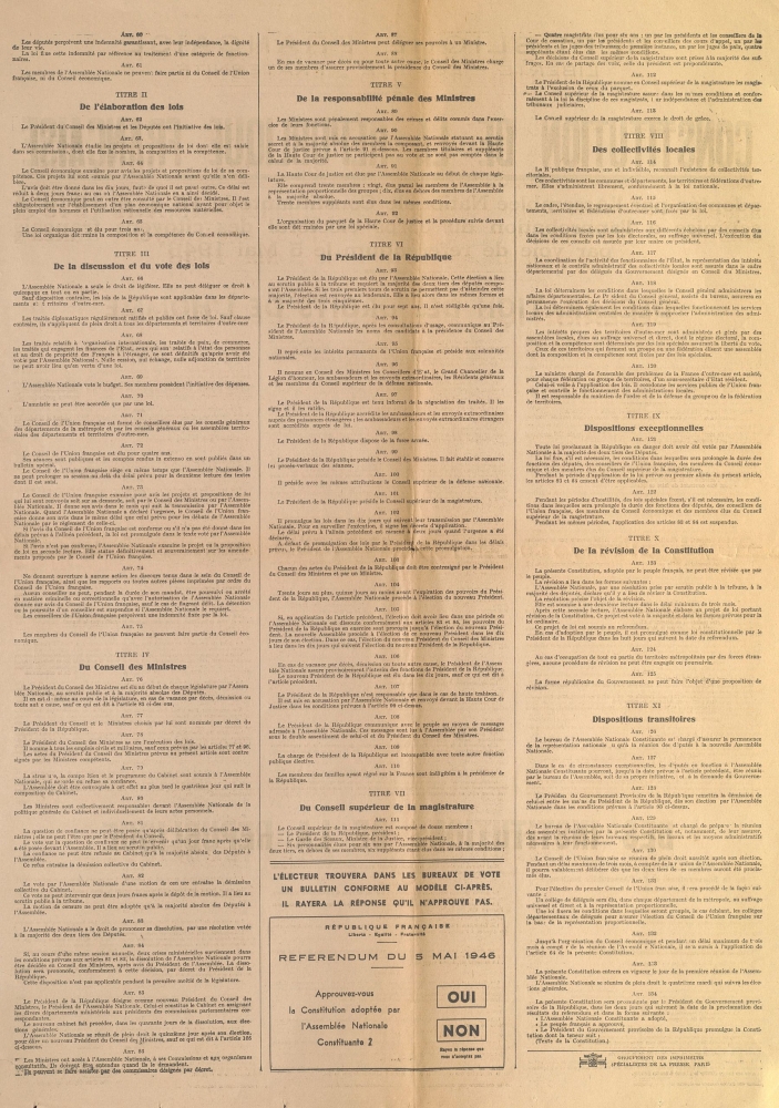 Constitution de la République Française adoptée par l'Assemblée Nationale Constituante le 19 avril 1946 et soumise à l'approbation du corps électoral des citoyens français par voie de référendum le 5 mai 1946