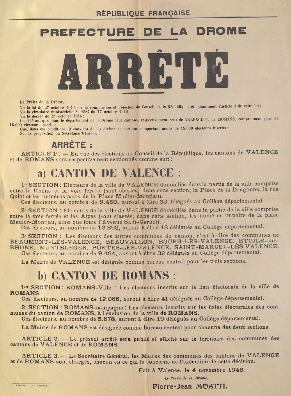 Préfecture de la Drôme : Arrêté [portant sur la division des cantons de Valence et Romans]