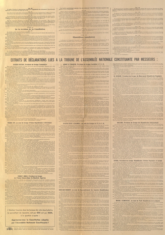 Constitution de la République Française adoptée par l'Assemblée Nationale Constituante le 29 septembre 1946 et soumise à l'approbation du corps électoral des citoyens français par voie de référendum le 13 octobre 1946