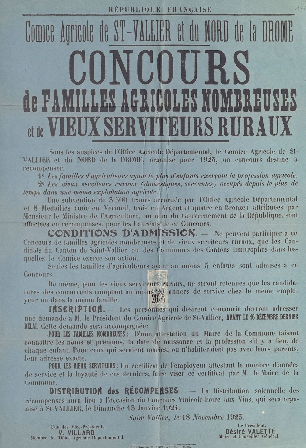 Comice agricole de Saint-Vallier et du Nord de la Drôme : Concours de familles agricoles nombreuses et de vieux serviteurs ruraux 