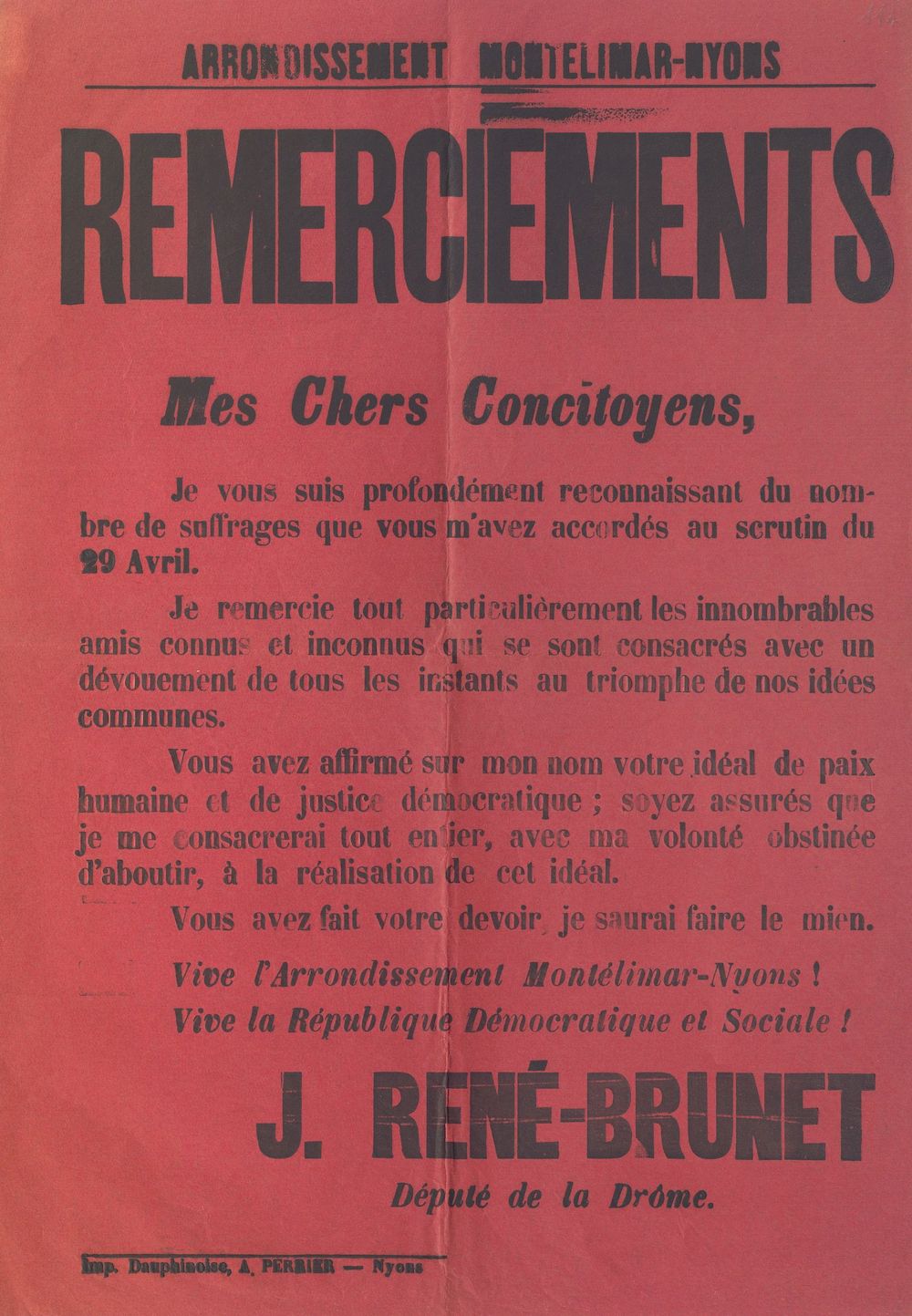 Arrondissement Montélimar-Nyons : Remerciements [signé J. René-Brunet]