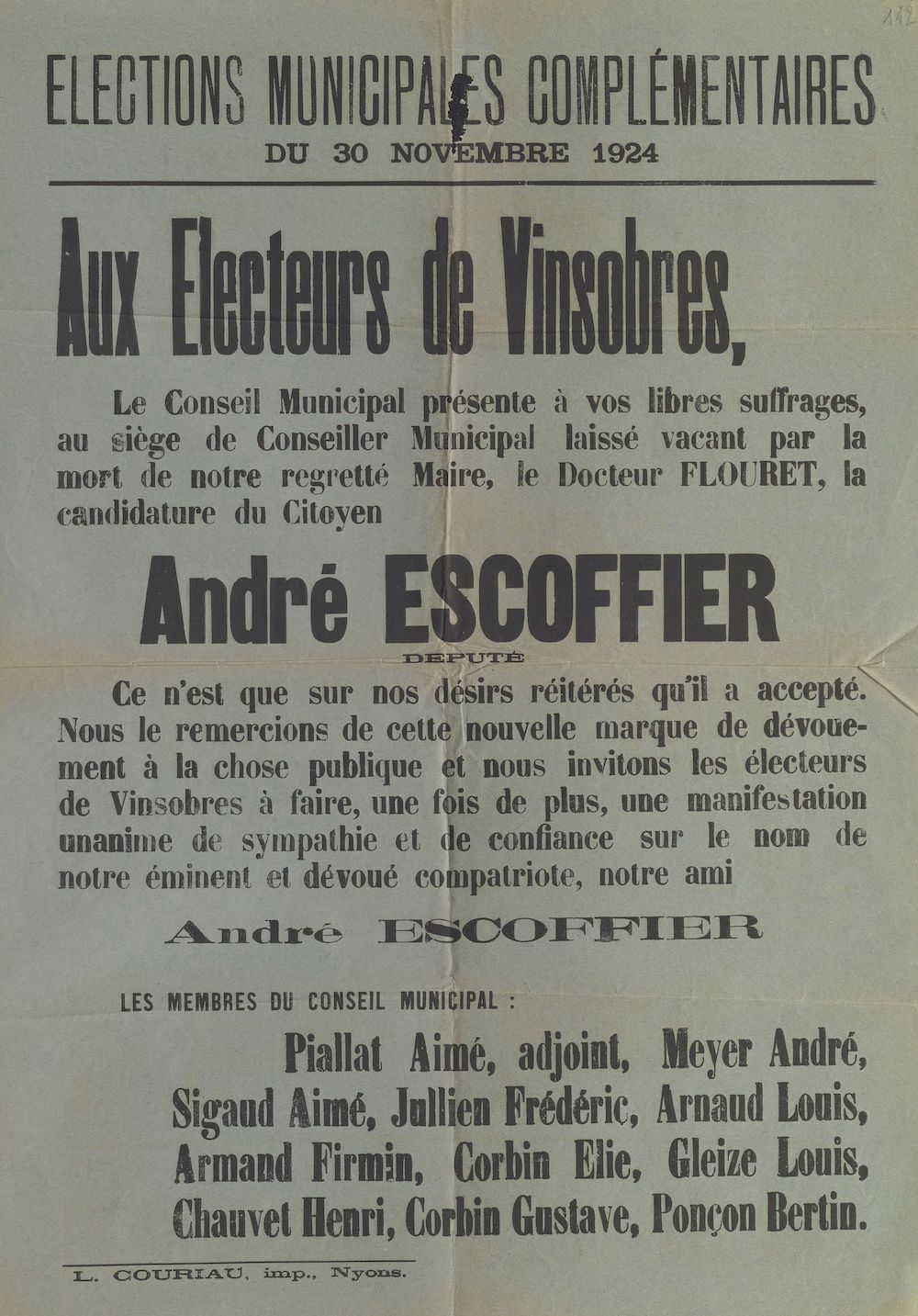 Élections municipales complémentaires du 30 novembre 1924 : Aux électeurs de Vinsobre