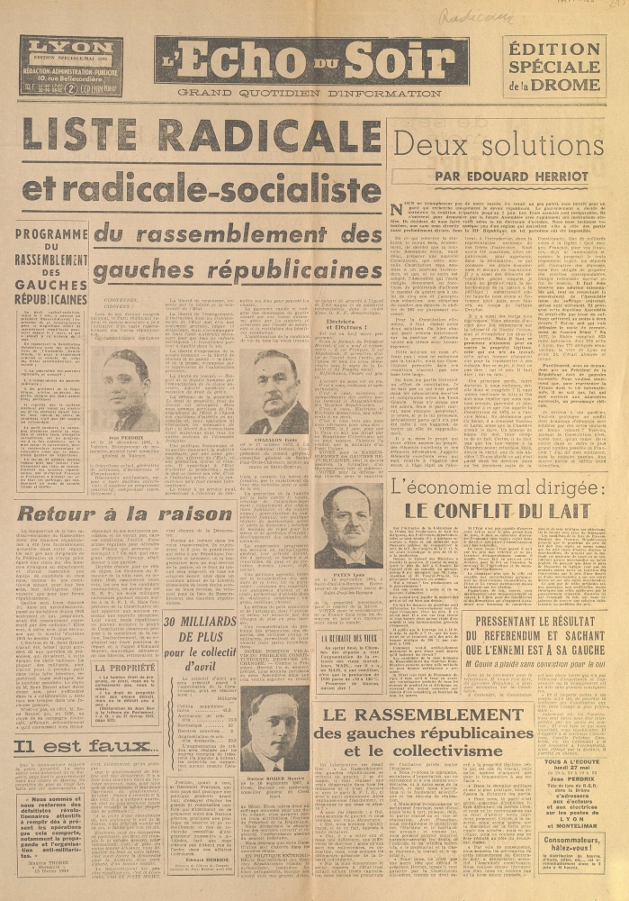 Liste radicale et radicale-socialiste du rassemblement des gauches républicaines [L'Écho du Soir. Edition spéciale de la Drôme, mai 1946]