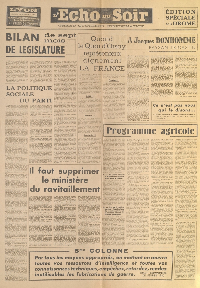 Liste radicale et radicale-socialiste du rassemblement des gauches républicaines [L'Écho du Soir. Edition spéciale de la Drôme, mai 1946]