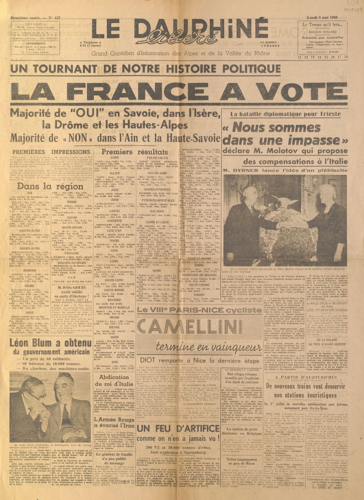 Un tournant de notre politique : La France a voté [Le Dauphiné libéré, n° 137, 6 mai 1946]