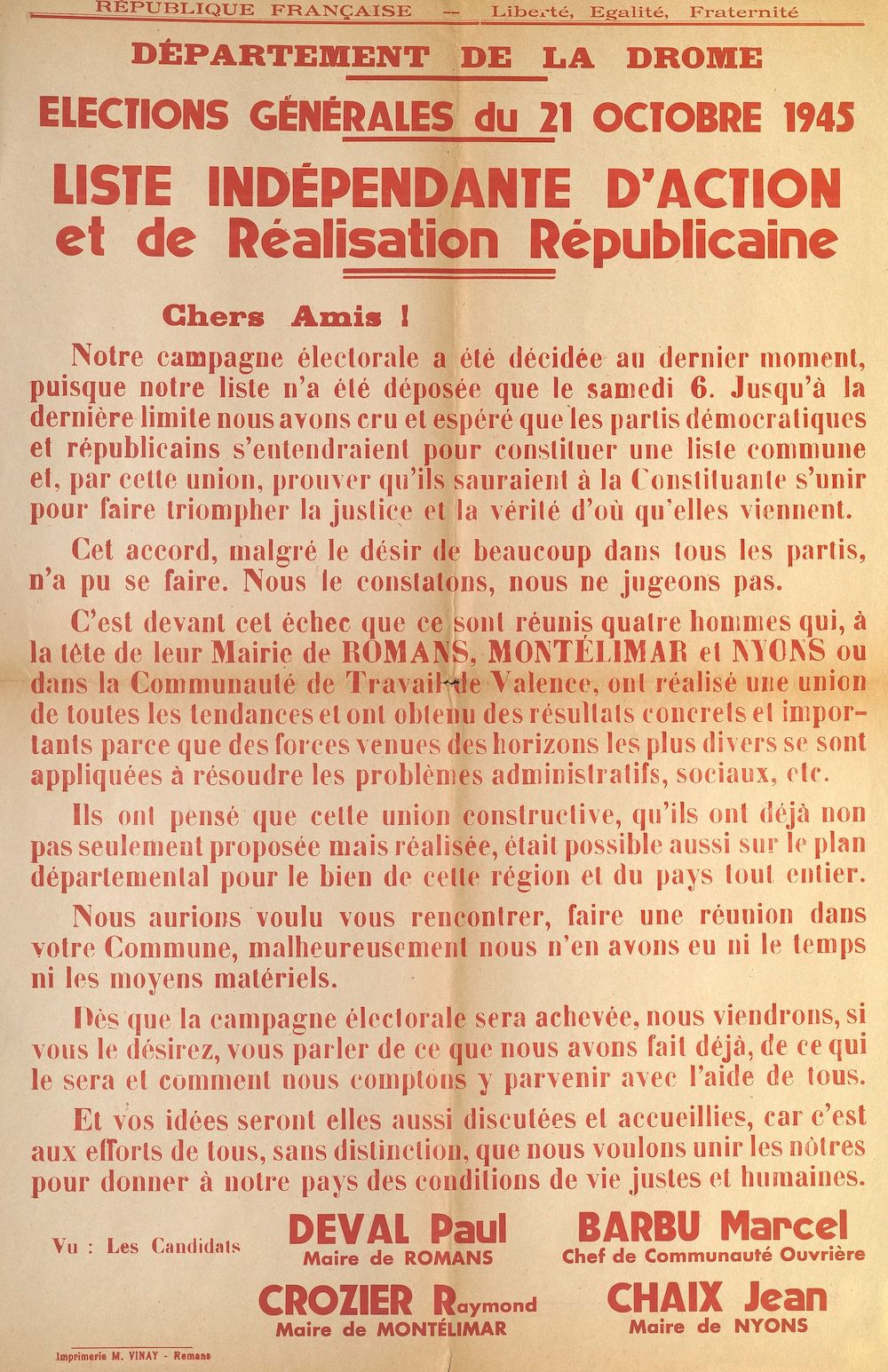 Département de la Drôme. Élections générales du 21 octobre 1945 : Liste Indépendante d'Action et de Réalisations Républicaine