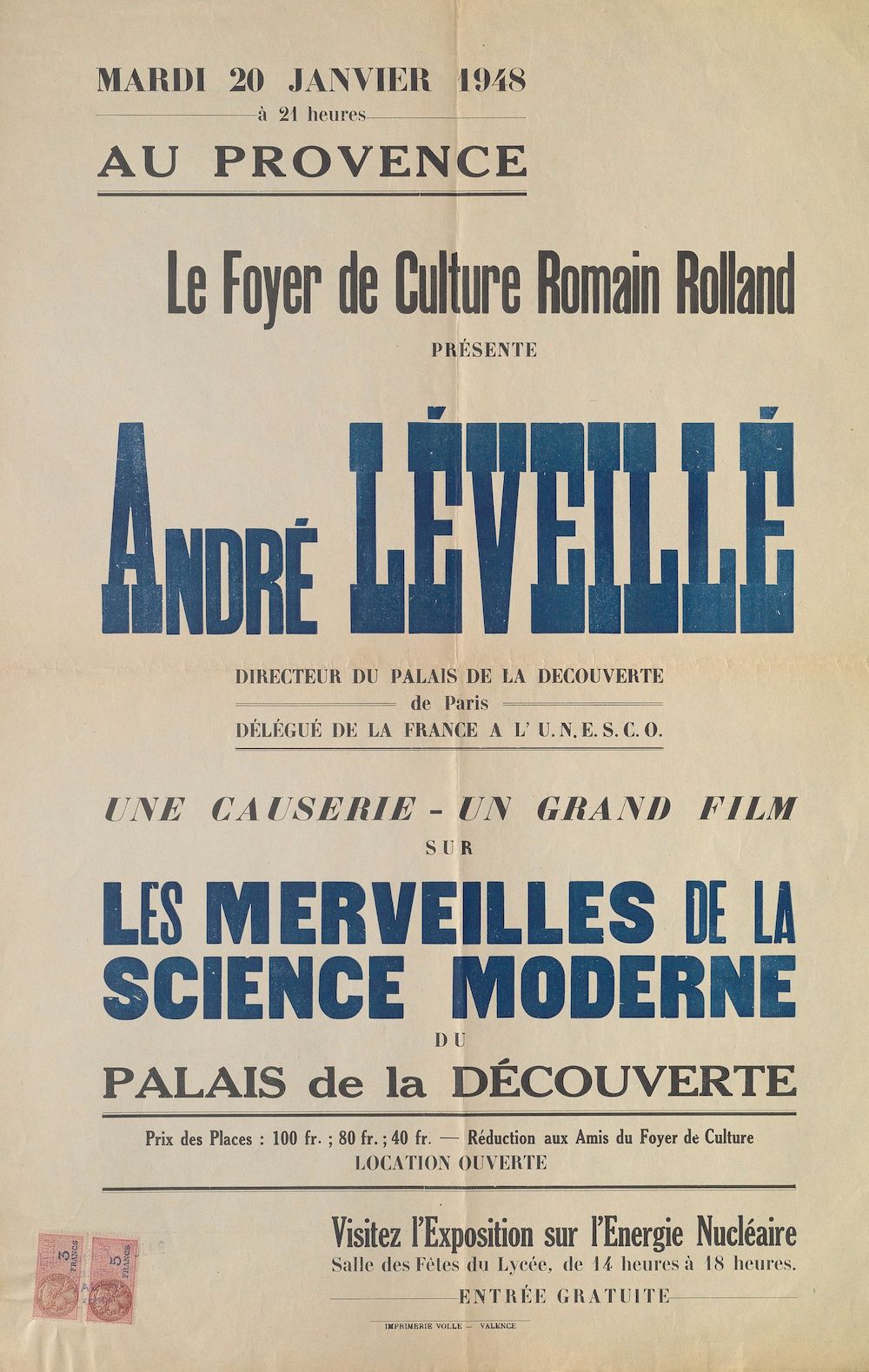 Le foyer de culture Romain Rolland présente André Léveillé [mardi 20 janvier 1948 à 21 heure au Provence]