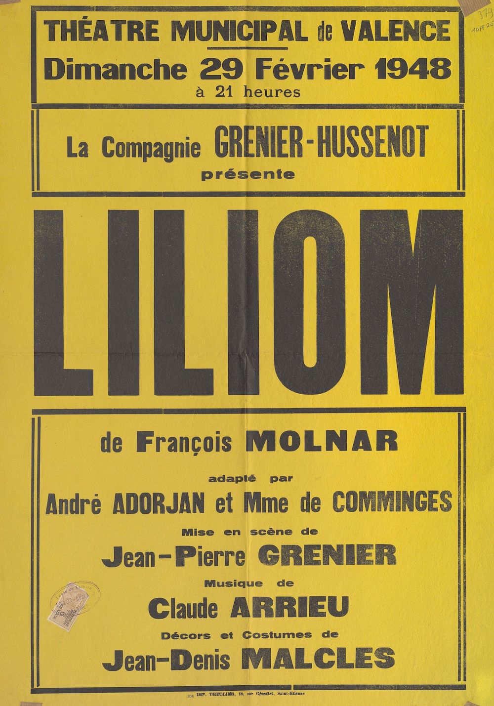 Théâtre municipal de Valence : La Compagnie Grenier-Hussenot présente Liliom de François Molnar