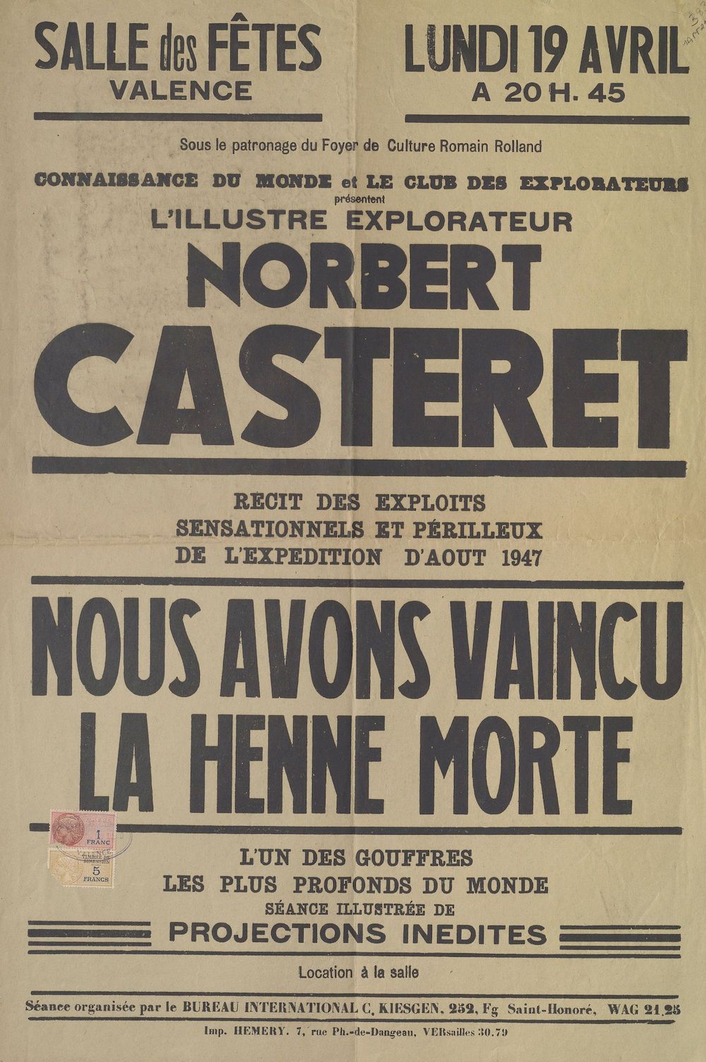 Sous le patronage du Foyr de Culture Romain Rolland : Connaissance du Monde et Le Club des Explorateurs présentent l'illustre explorateur Norbert Casteret