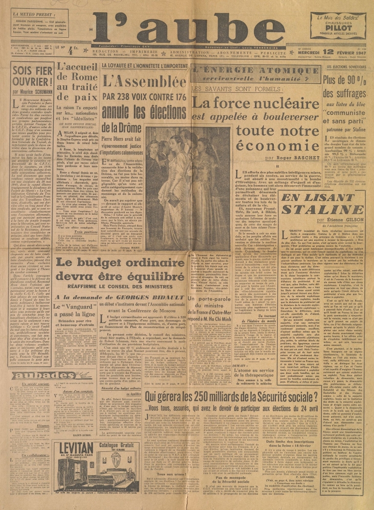 L'Assemblée par 238 voix contre 176 annule les élections de la Drôme [L'Aube, 18e année, n°3158, 12 février 1947]