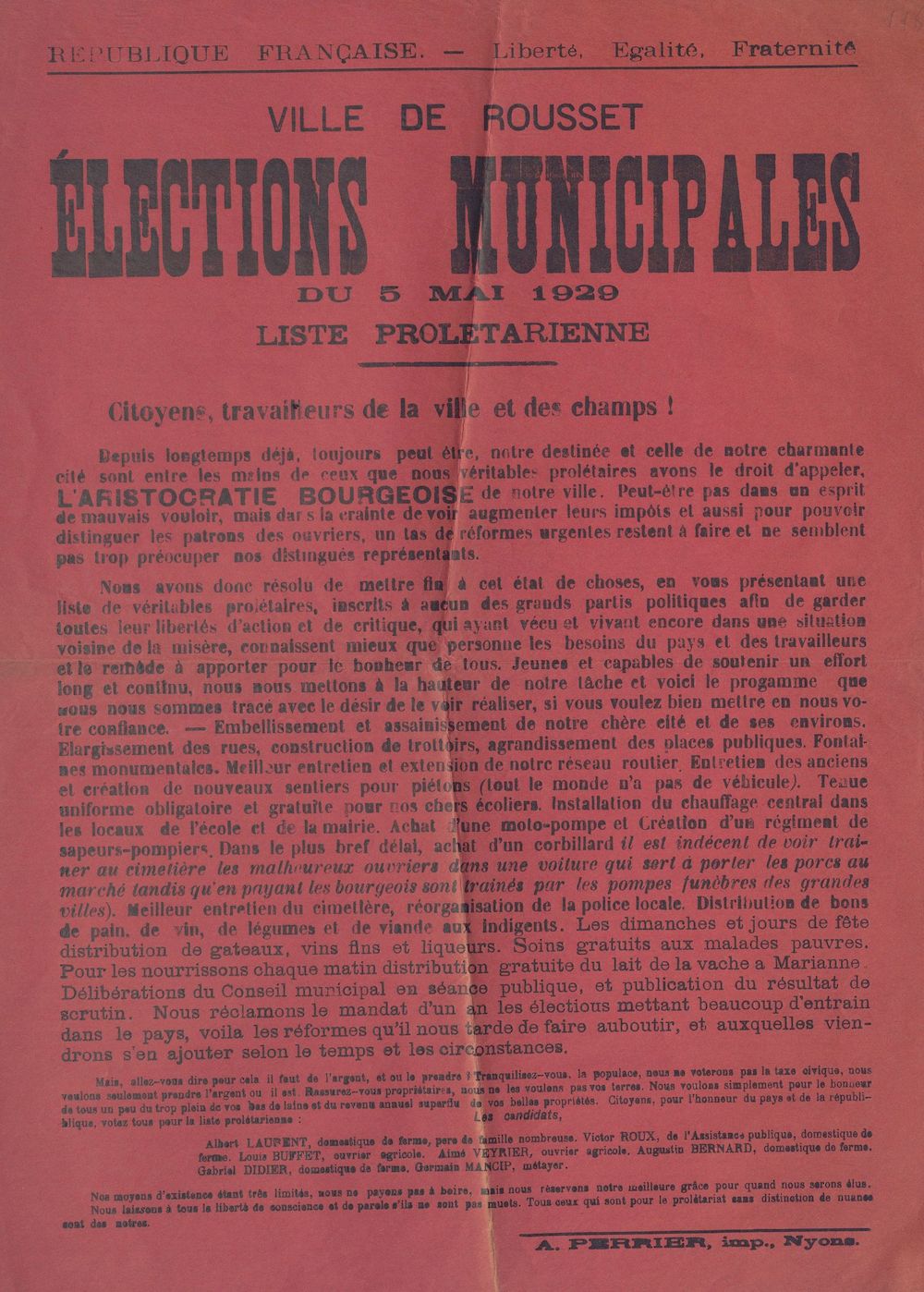 Ville de Rousset. Elections municipales du 5 mai 1929 : liste prolétarienne