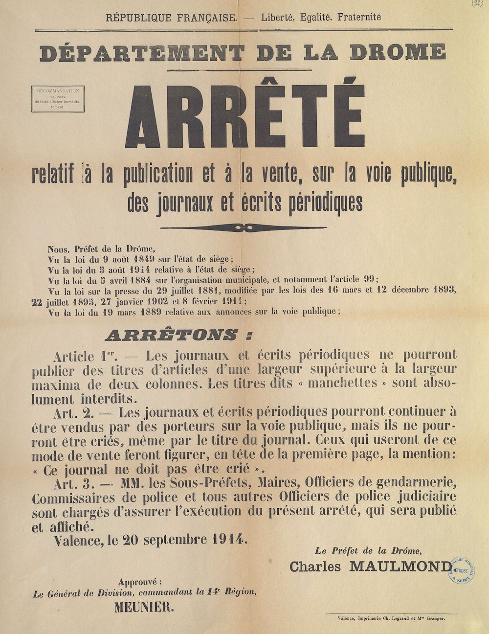 Département de la Drôme. Arrêté relatif à la publication et à la vente, sur la voie publique, des journaux et écrits périodiques