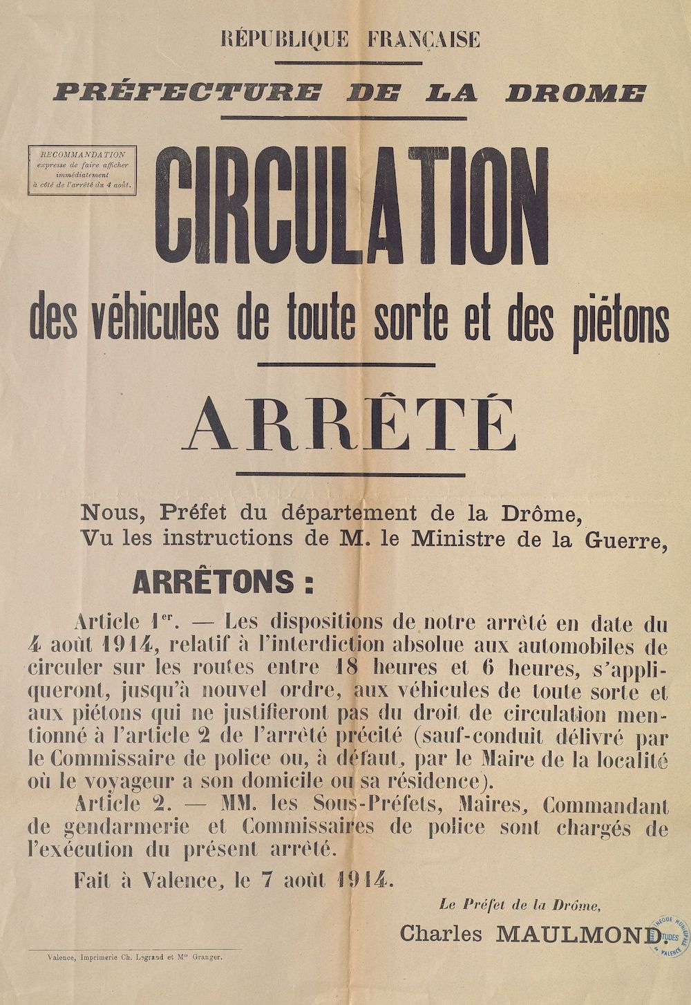 Préfecture de la Drôme. Circulation des véhicules de toute sorte et des piétons : Arrêté