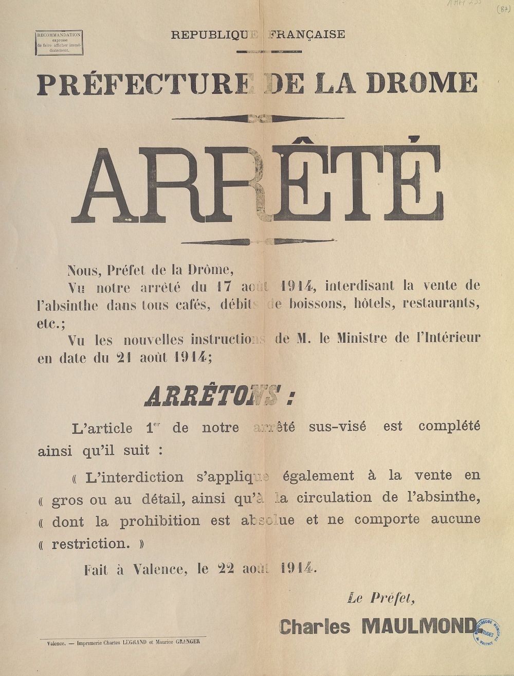 Préfecture de la Drôme. Arrêté [22 août 1914]