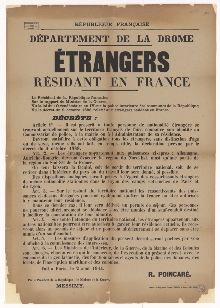 Département de la Drôme. Etrangers résidant en France [décret du 02 août 1914]