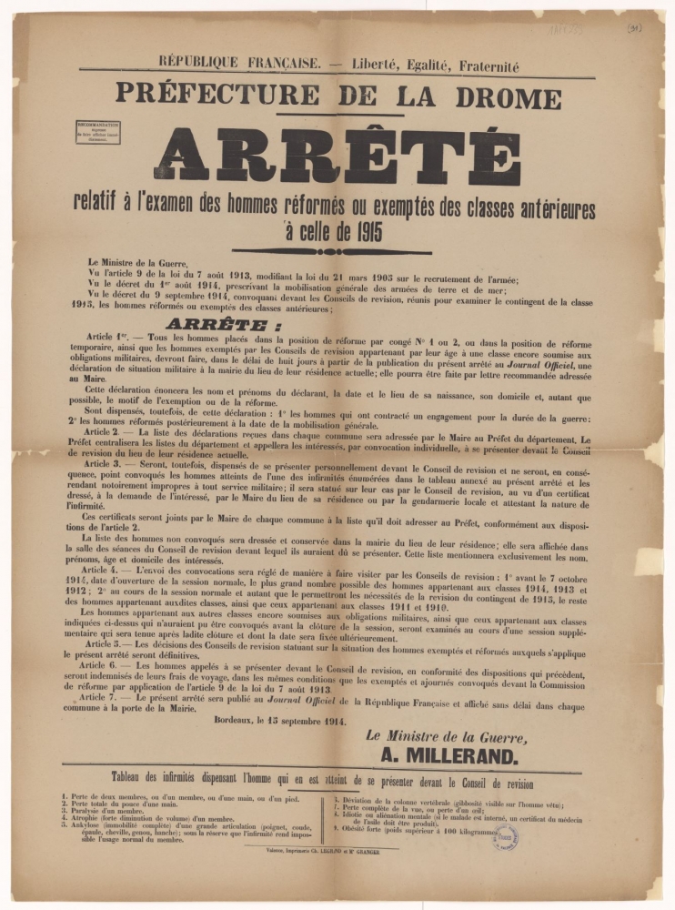 Préfecture de la Drôme. Arrêté relatif à l'examen des hommes réformés ou exemptés des classes antérieures à celle de 1915 [Bordeaux, 15 septembre 1914]