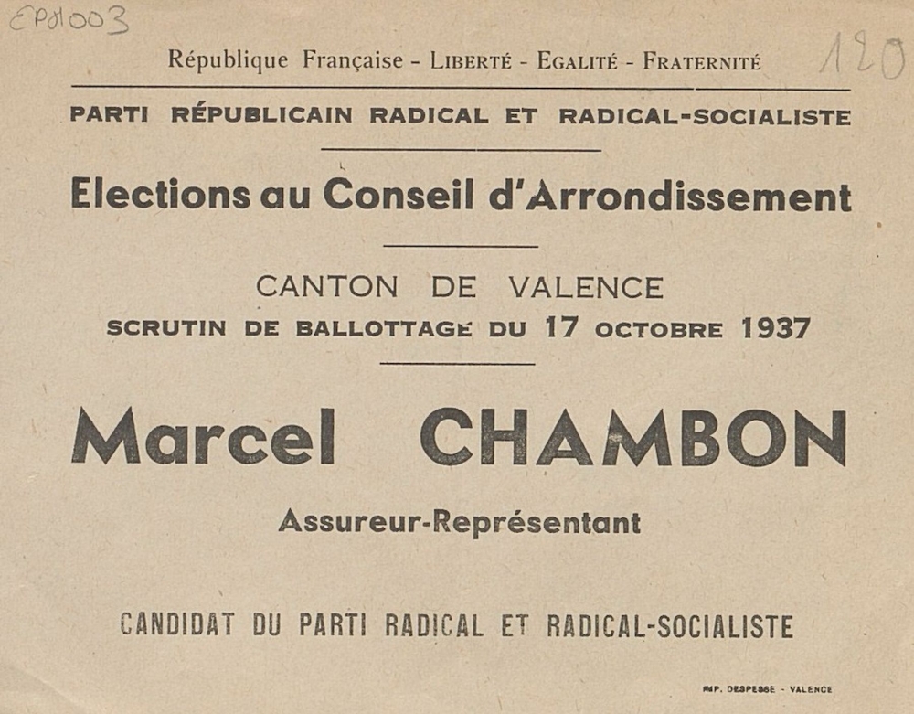 Canton de Valence. Élections au Conseil d'arrondissement : Marcel Chambon / Parti républicain radical et radical-socialiste  [bulletin de vote] 