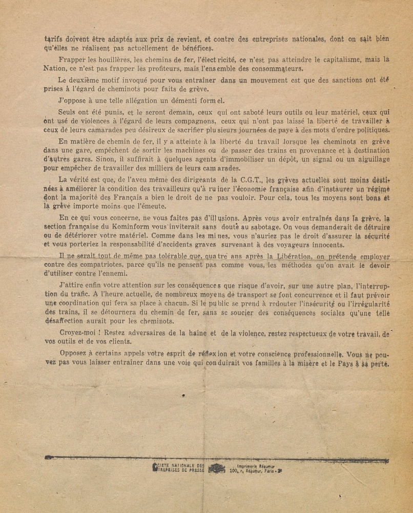 Appel aux cheminots, le 26 octobre 1948