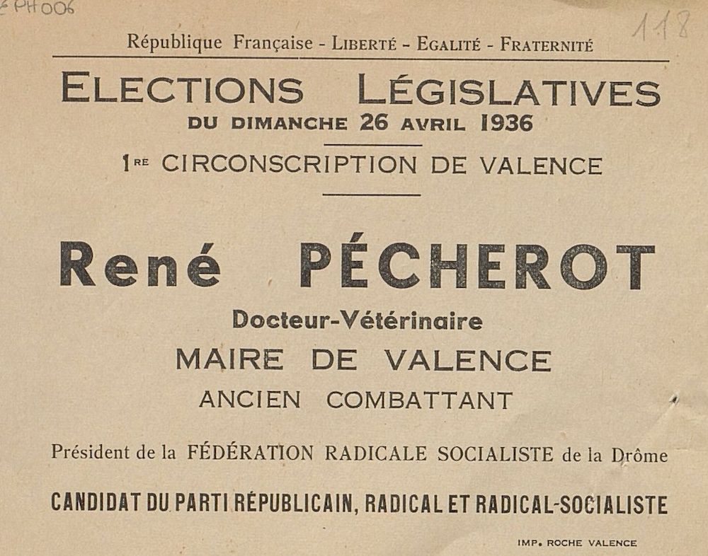 Première circonscription de Valence. Élections législatives du dimanche 26 avril 1936 : René Pécherot [bulletin de vote]