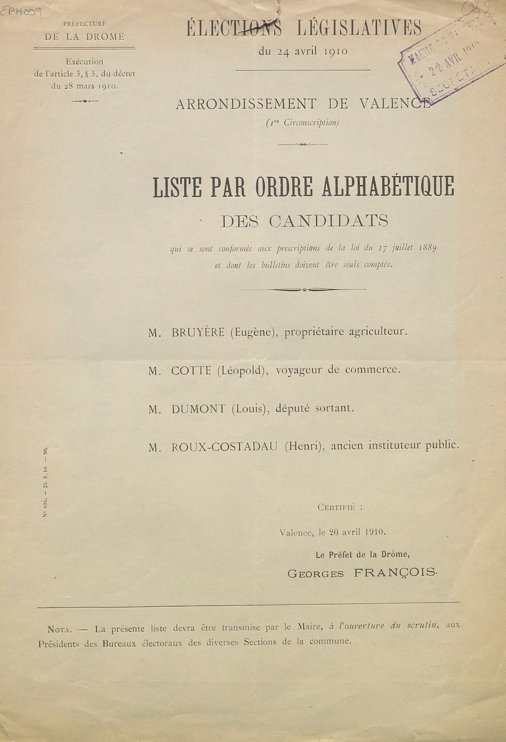 Préfecture de la Drôme. Arrondissement de Valence. Élections législatives du 24 avril 1910 : liste par ordre alphabétique des candidats