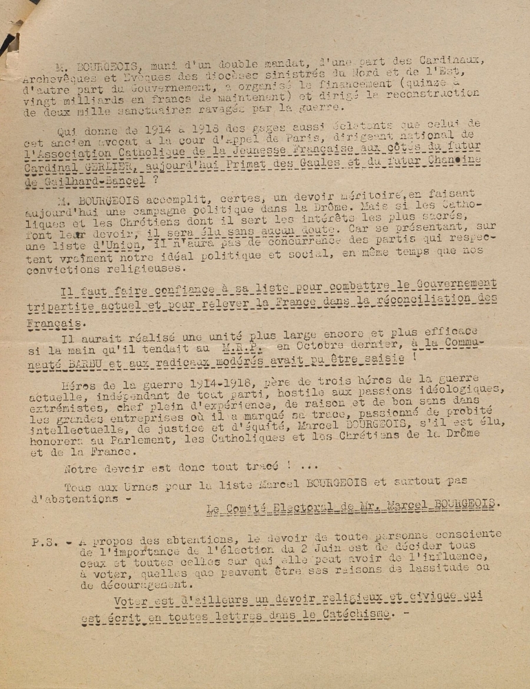 Élections législatives du 2 juin 1946 : les titres de Monsieur Marcel Bourgeois