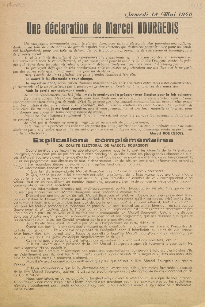 Samedi 18 mai 1946 : une déclaration de Marcel Bourgeois