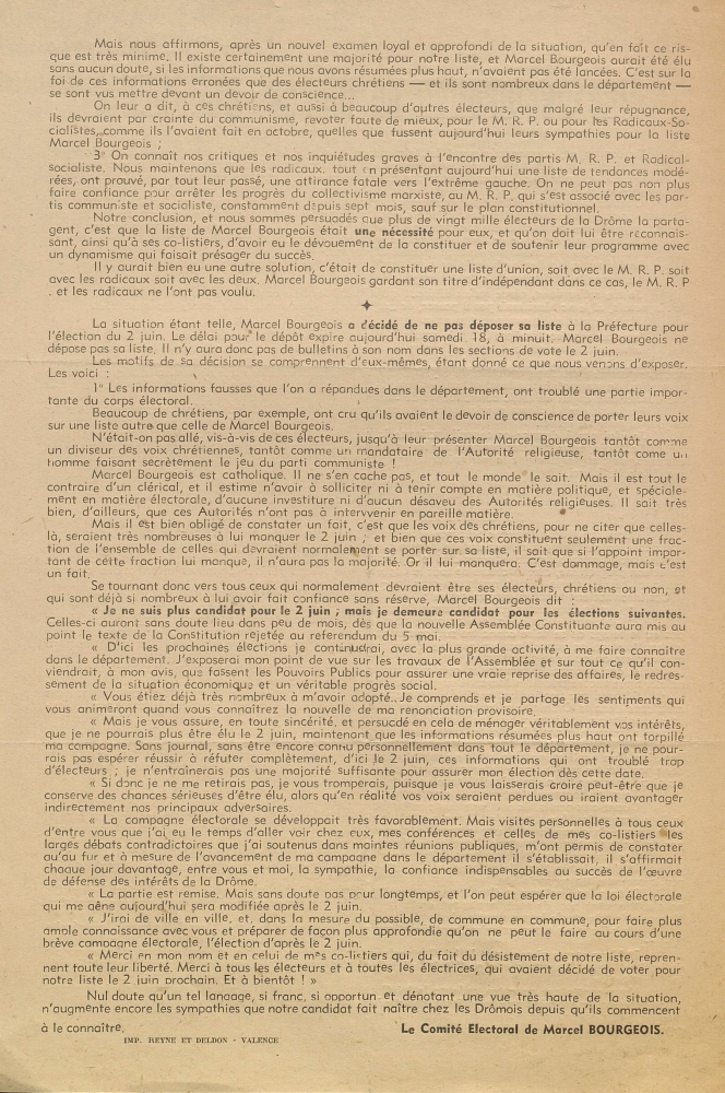 Samedi 18 mai 1946 : une déclaration de Marcel Bourgeois