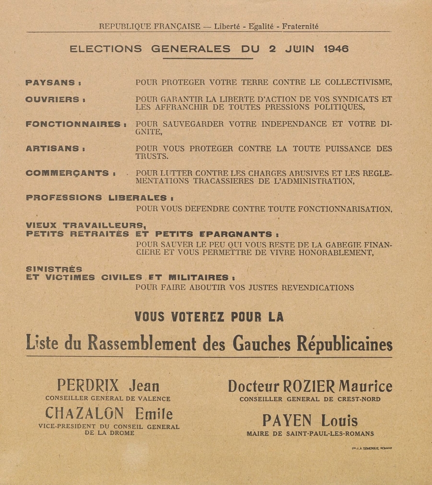 Élections Générales du 2 juin 1946.  Rassemblement des Gauches Républicaines : [Electrices, Electeurs ]