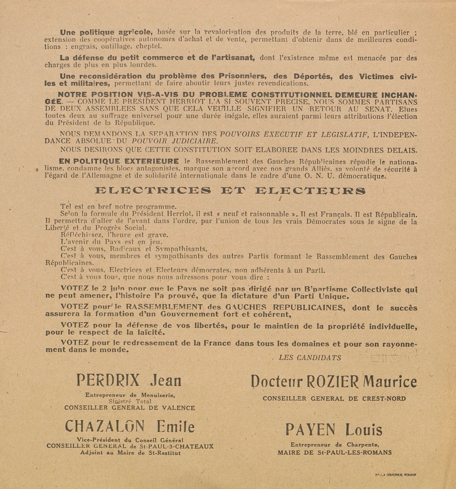 Élections Générales du 2 juin 1946. Rassemblement des Gauches Républicaines, Parti Radical et Radical-Socialiste : [Citoyennes, Citoyens]