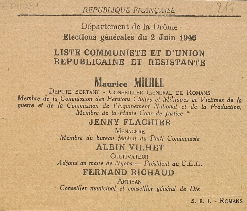 Département de la Drôme. Élections générales du 2 juin 1946 : liste Communiste et d'Union Républicaine et Résistante [bulletin de vote]