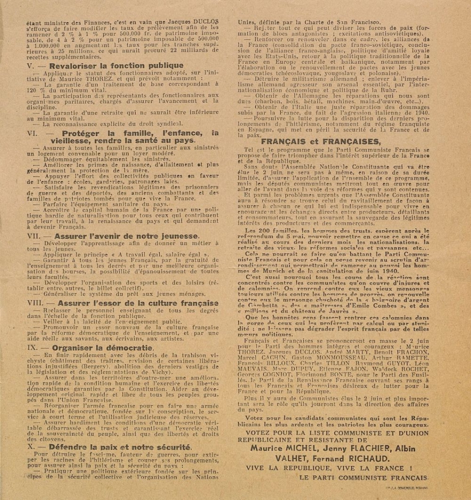 Département de la Drôme. Élections générales du 2 juin 1946 : liste Communiste et d'Union Républicaine et Résistante [programme]