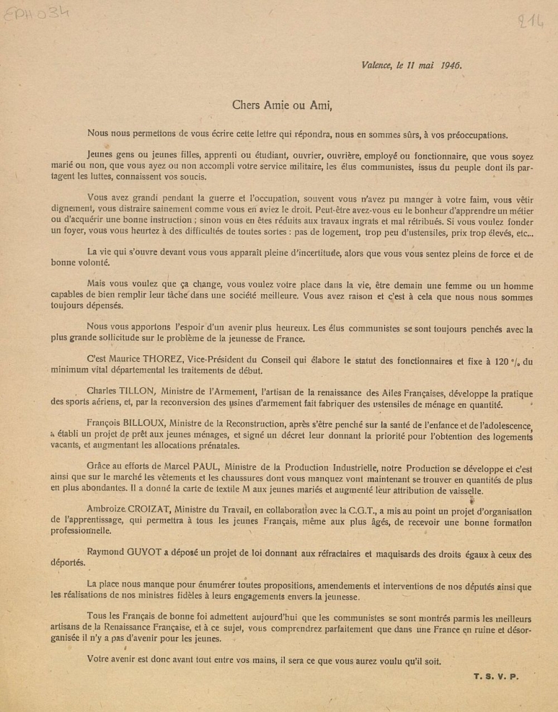 Chers amie ou ami : liste Communiste et d'Union Républicaine et Résistante, Valence, le 11 mai 1946