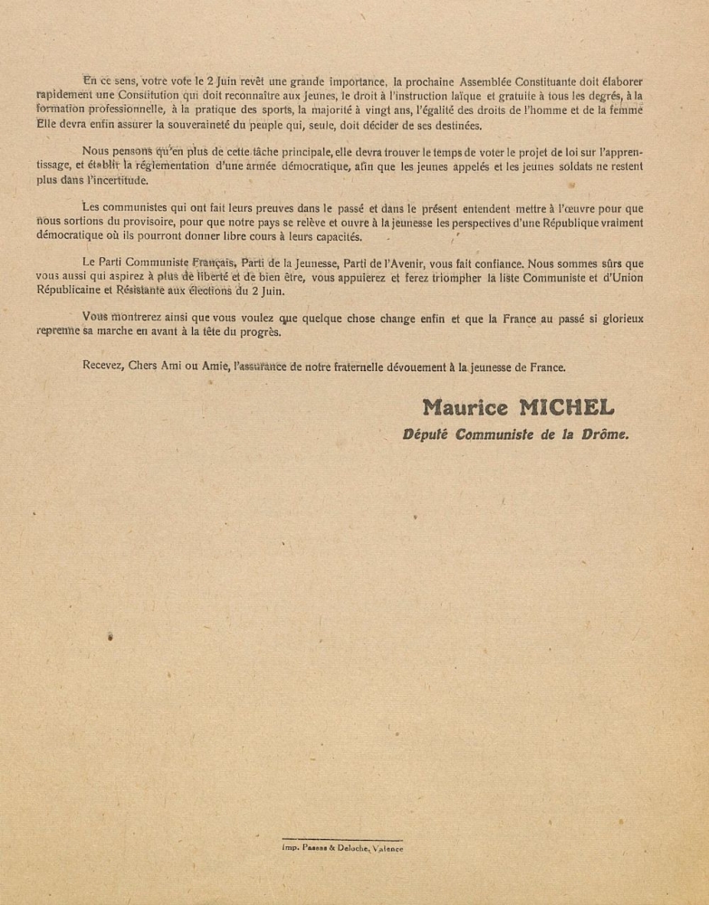 Chers amie ou ami : liste Communiste et d'Union Républicaine et Résistante, Valence, le 11 mai 1946