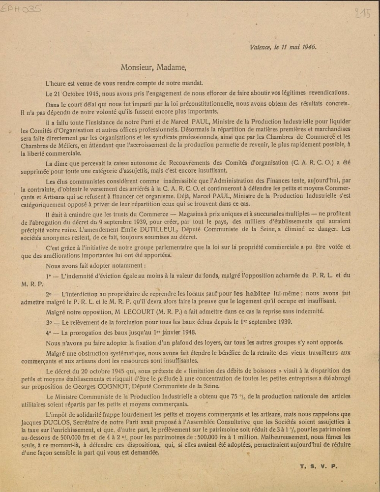 Monsieur, Madame : compte rendu du mandat de Maurice Michel, député communiste de la Drôme, Valence, le 11 mai 1946