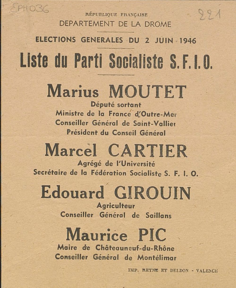 Département de la Drôme. Élections générales du 2 juin 1946 : liste du Parti Socialiste S.F.I.O. [bulletin de vote]