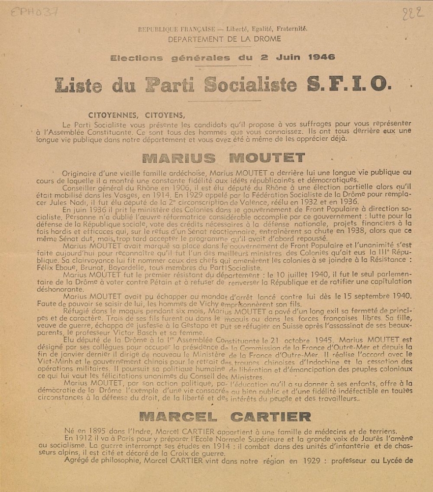 Département de la Drôme. Élections générales du 2 juin 1946 : liste du Parti Socialiste S.F.I.O.