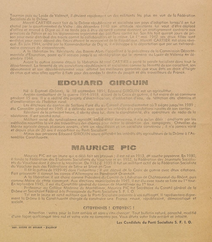 Département de la Drôme. Élections générales du 2 juin 1946 : liste du Parti Socialiste S.F.I.O.