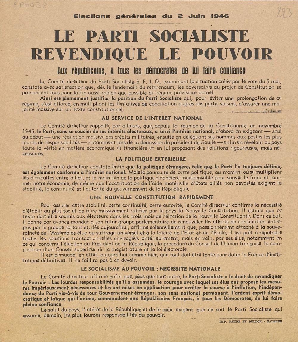 Élections générales du 2 juin 1946 : le Parti Socialiste revendique le pouvoir [programme]