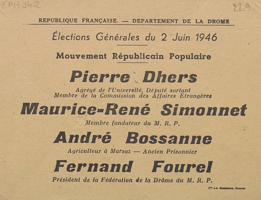 Département de la Drôme. Élections générales du 10 novembre 1946 : Mouvement Républicain Populaire [bulletin de vote]