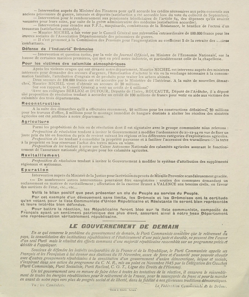 Département de la Drôme. Élections générales du 10 novembre 1946 : liste Communiste d'Union Républicaine et Résistante