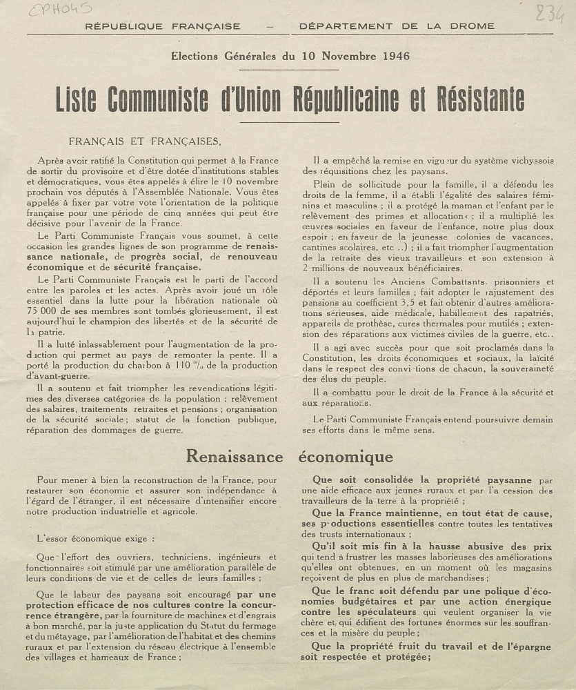 Département de la Drôme. Élections générales du 10 novembre 1946 : liste Communiste d'Union Républicaine et Résistante