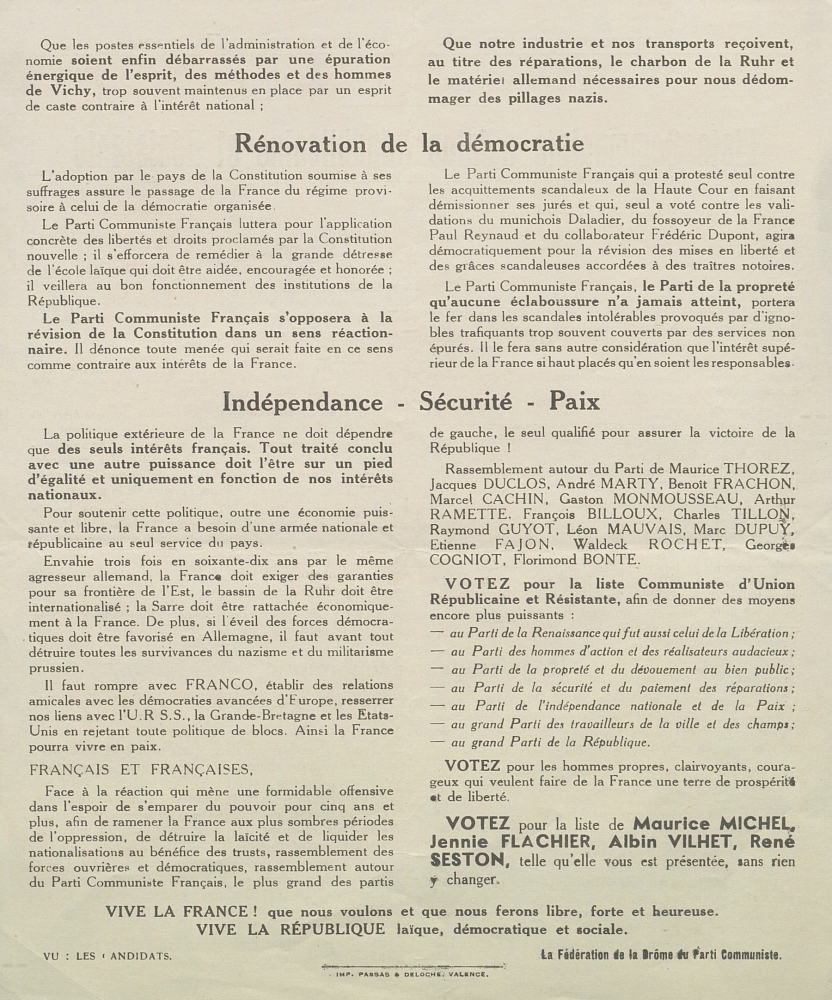 Département de la Drôme. Élections générales du 10 novembre 1946 : liste Communiste d'Union Républicaine et Résistante