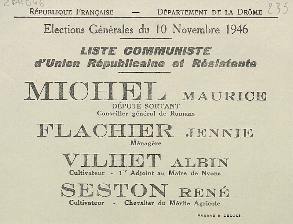 Département de la Drôme. Élections générales du 10 novembre 1946 : liste Communiste d'Union Républicaine et Résistante [bulletin de vote]