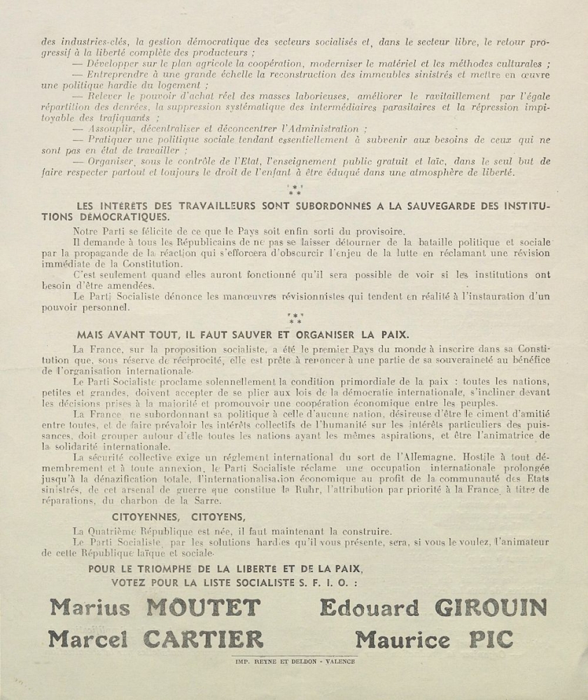 Département de la Drôme. Élections générales du 10 novembre 1946 : liste du Parti Socialiste S.F.I.O. [programme]