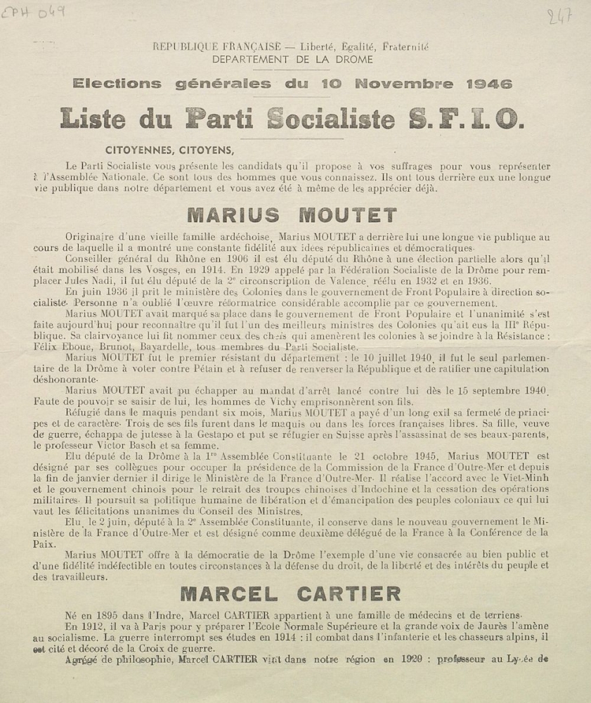 Département de la Drôme. Élections générales du 10 novembre 1946 : liste du Parti Socialiste S.F.I.O. [profession de foi de  Marius Moutet, Édouard Girouin, Marcel Cartier et Maurice Pic]