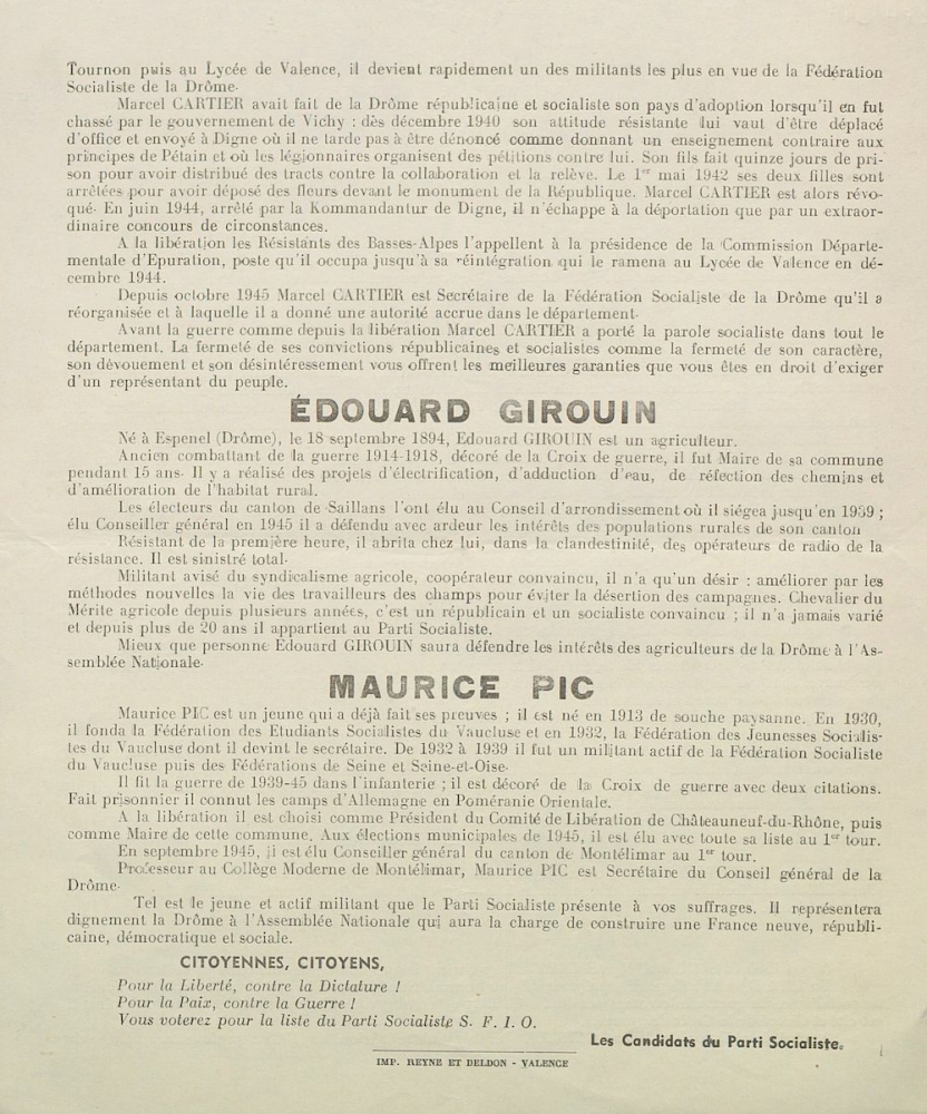 Département de la Drôme. Élections générales du 10 novembre 1946 : liste du Parti Socialiste S.F.I.O. [profession de foi de  Marius Moutet, Édouard Girouin, Marcel Cartier et Maurice Pic]