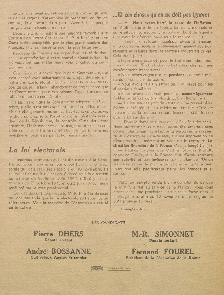 Département de la Drôme. Élections du 10 novembre 1946 : Mouvement Républicain Populaire