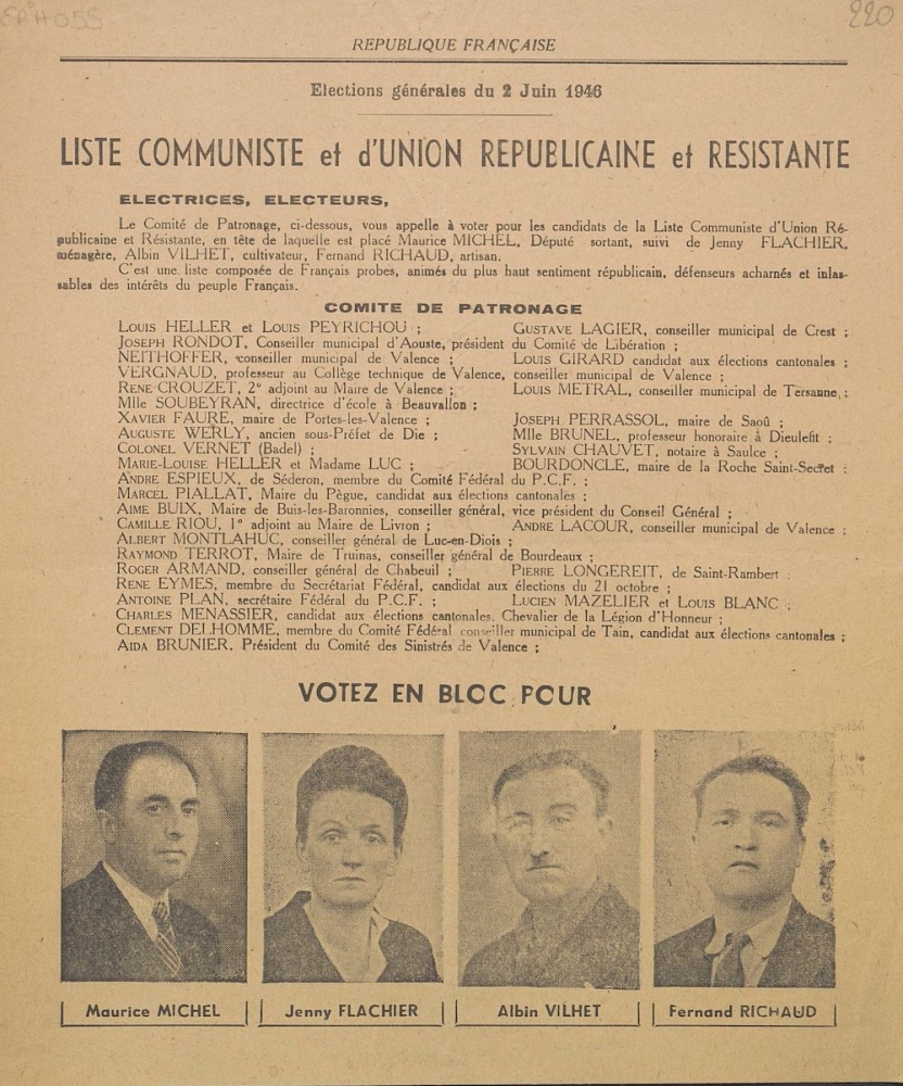 Élections générales du 2 juin 1946 : liste communiste et d'Union Républicaine et Résistante