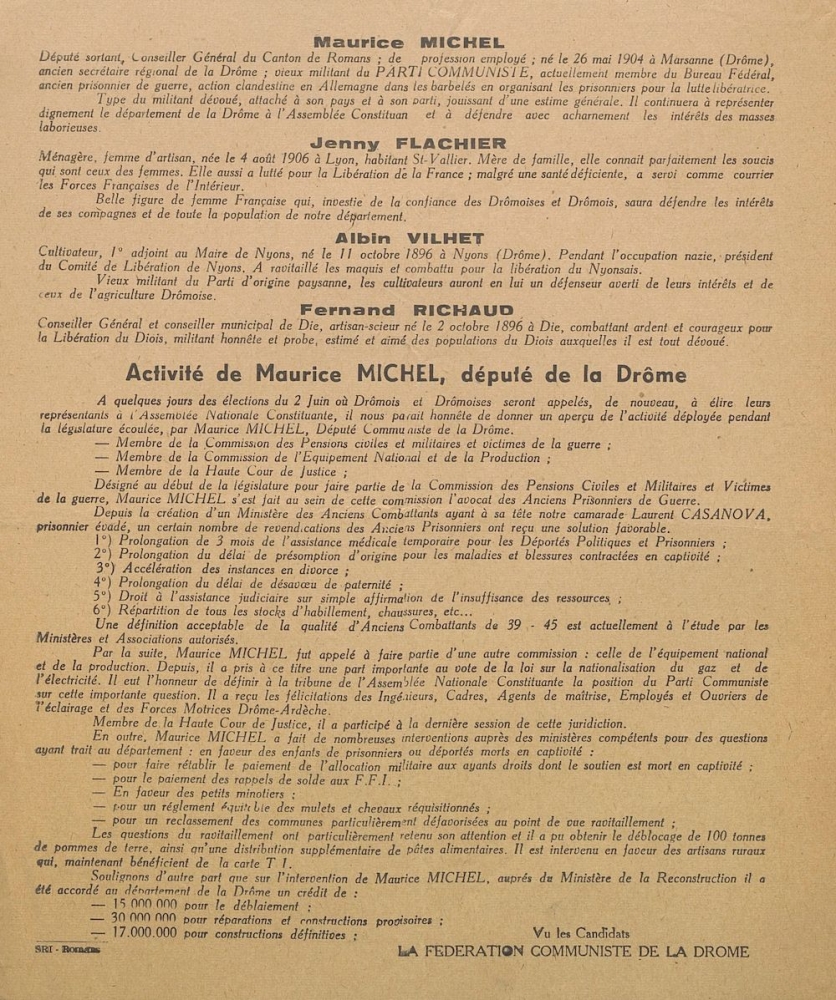 Élections générales du 2 juin 1946 : liste communiste et d'Union Républicaine et Résistante