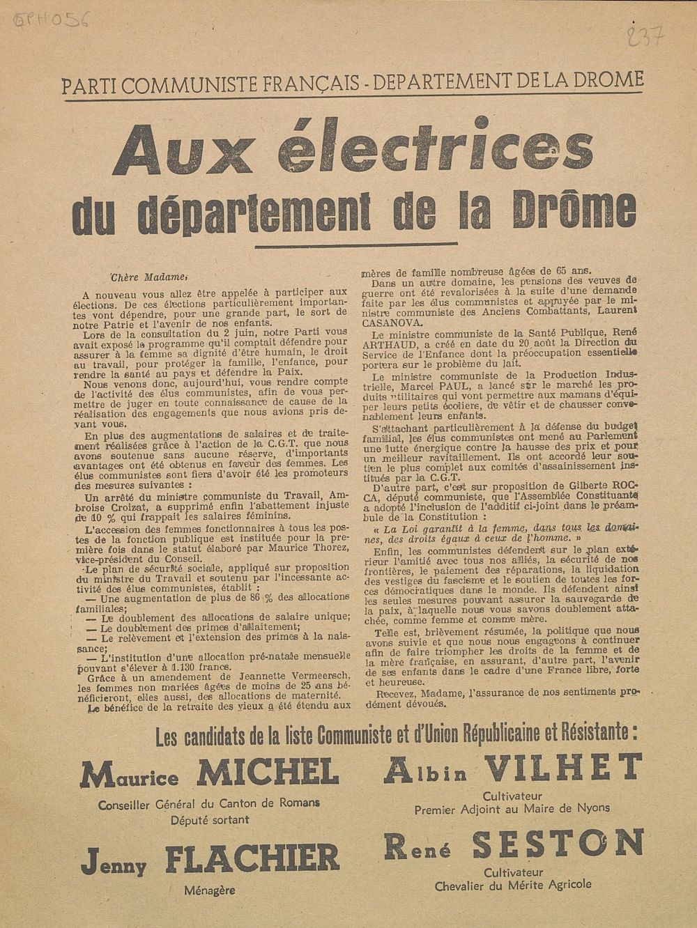 Département de la Drôme. Parti Communiste Français : Aux électrices du département de la Drôme